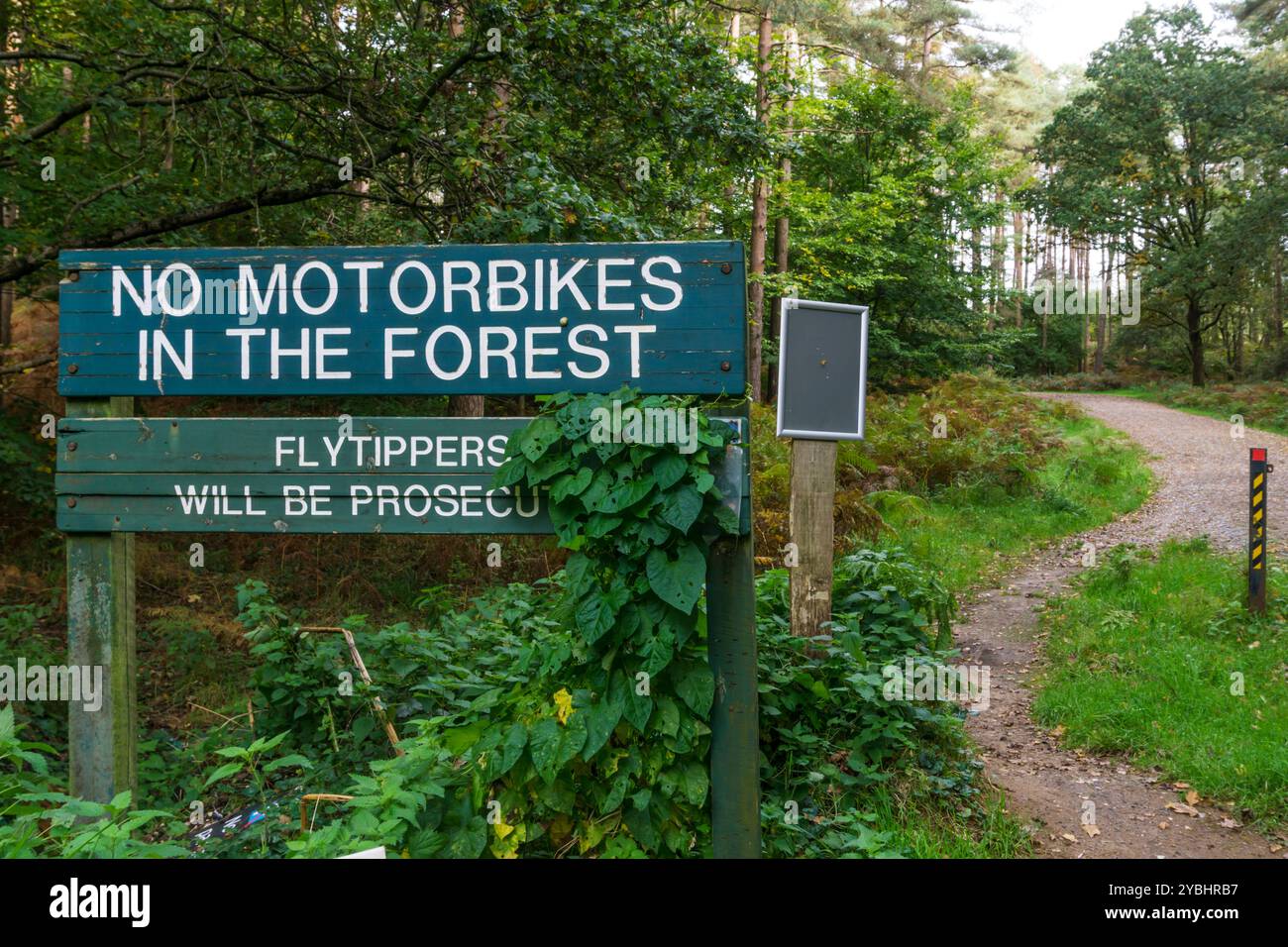 Un cartello su un sentiero che attraversa Thetford Chase riporta No Motorbikes in the Forest. Foto Stock