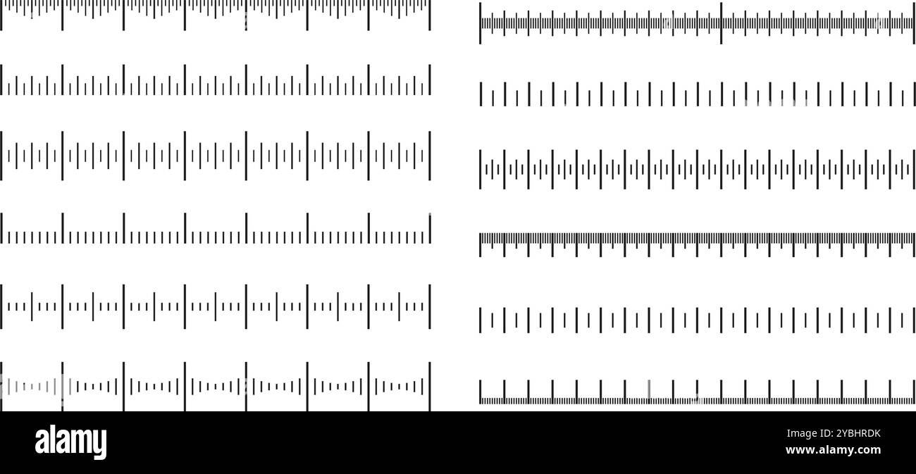 Scale di misurazione. Scala righello e linee di misurazione, incrementi lineari precisi e indicatori di dimensione. Marcatura della distanza con divisioni isolate orizzontalmente Illustrazione Vettoriale