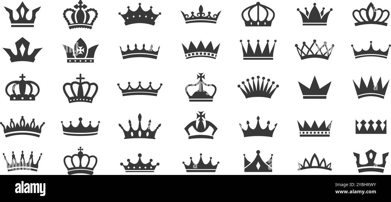 Icone della silhouette delle corone reali. Regina tiara e Corona Re, maestosa autorità corona e pittogrammi premium. Simboli vettoriali reali e di lusso Illustrazione Vettoriale