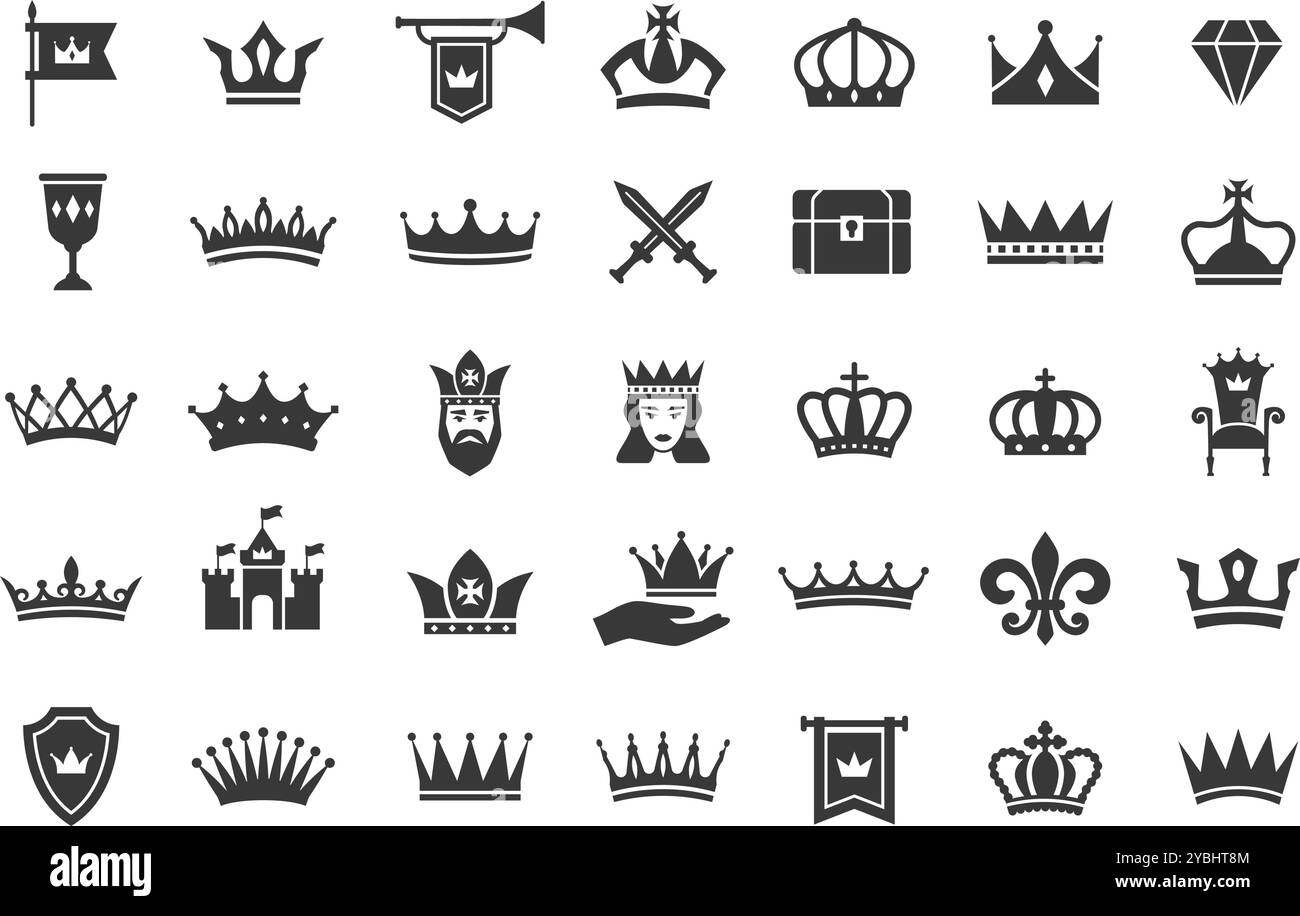 Icone Royal e Regal. Silhouette della corona, trono e castello del regno, incoronazione del re e pittogrammi di stencil di lusso della regina. Maestosi elementi araldici Illustrazione Vettoriale