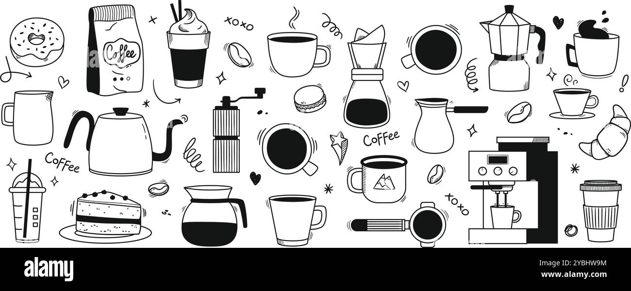 Scarabocchio di caffè. Accoglienti tazze da caffè e chicchi, dessert disegnati a mano e utensili per la preparazione dell'espresso. Cappuccino, latte da asporto, filtro e tazza americana Illustrazione Vettoriale