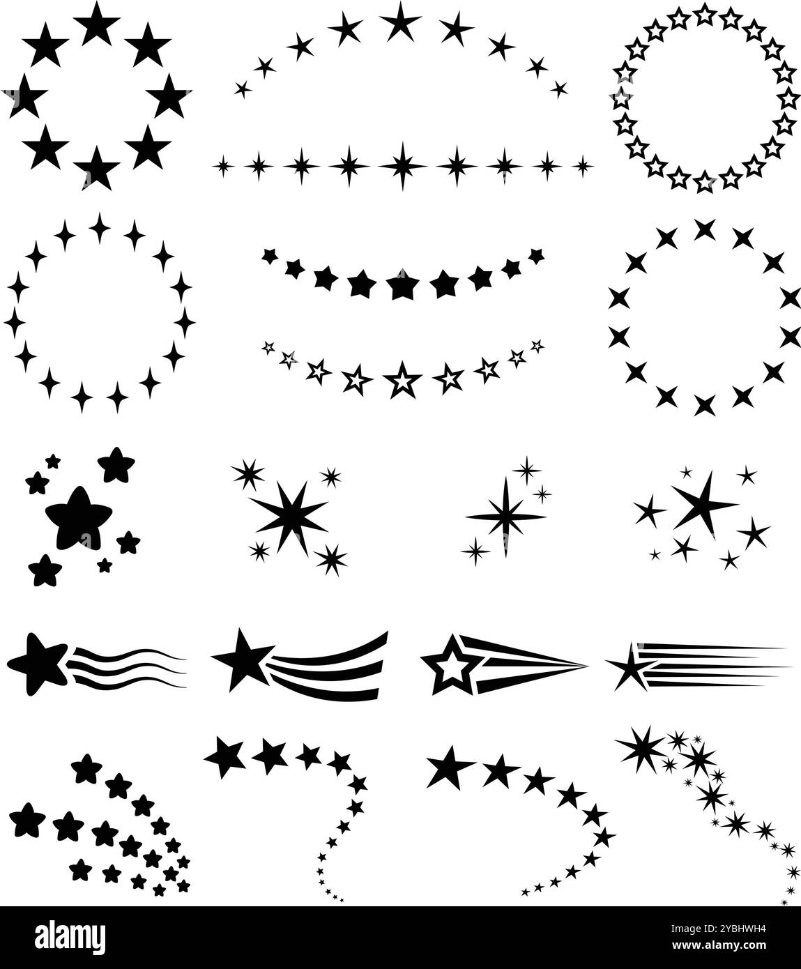 Decorazioni a stelle. Percorsi delle stelle cadenti, cornice circolare, scintille scintillanti, arco stellato e motivi a stella circolare. Elementi vettoriali celesti decorativi Illustrazione Vettoriale