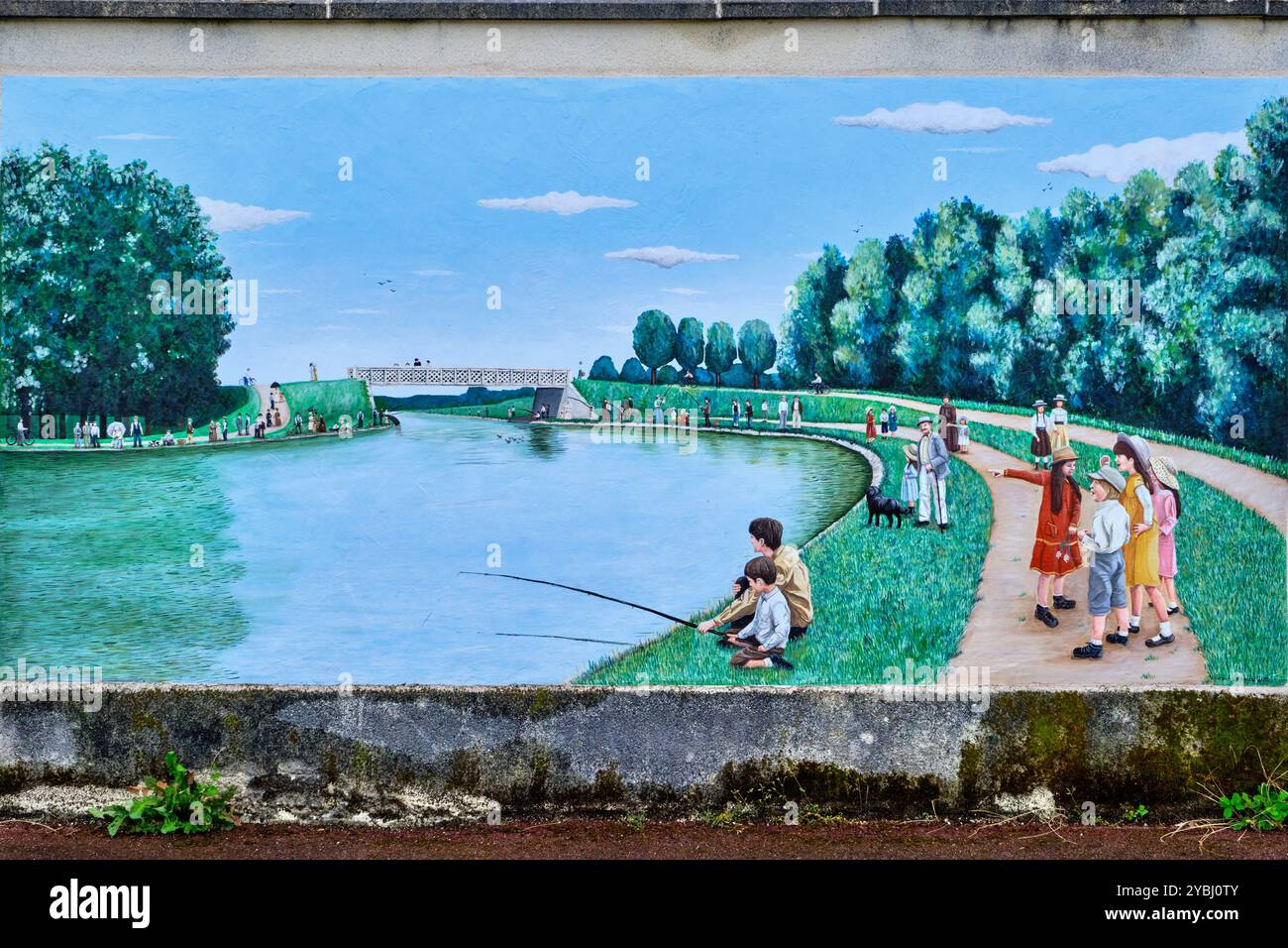 Francia, Loiret (45), Chatillon-sur-Loire, turismo fluviale sul canale laterale della Loira, pittura murale Foto Stock