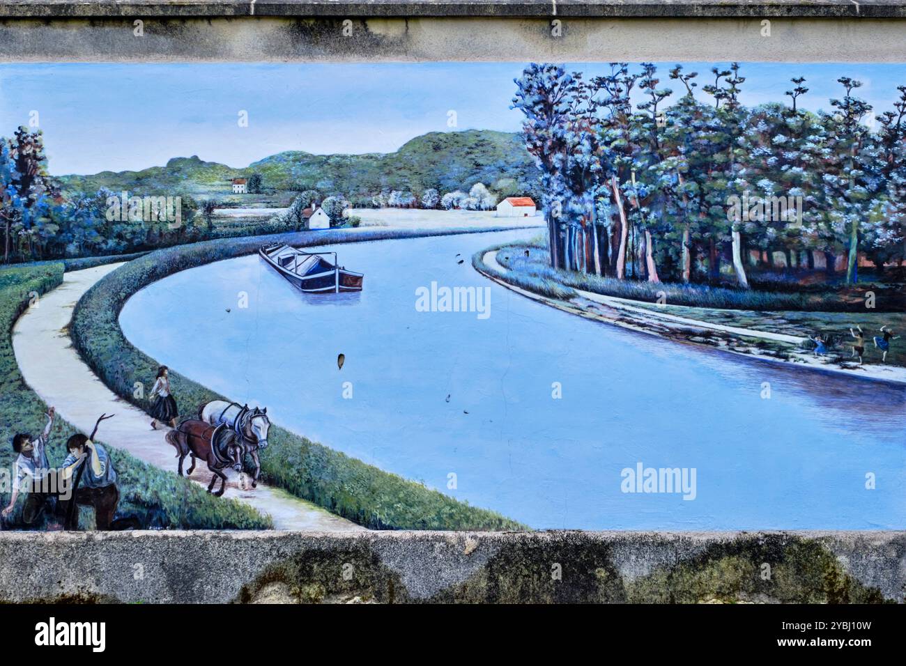 Francia, Loiret (45), Chatillon-sur-Loire, turismo fluviale sul canale laterale della Loira, pittura murale Foto Stock