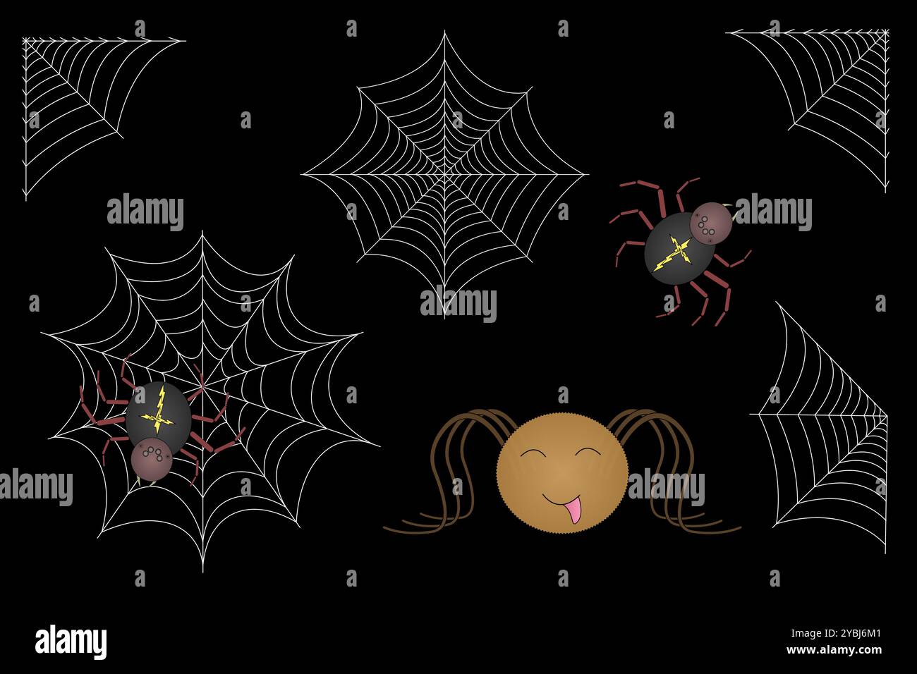 Un set vettoriale di Halloween con ragni, ragnatele e una divertente faccia sorridente. Perfetto per le feste, le decorazioni e l'artigianato. Illustrazione Vettoriale