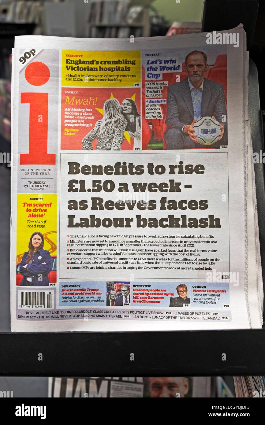 "Benefici per aumentare £ 1,50 a settimana - come (Rachel) Reeves affronta la reazione laburista" i titoli dei giornali articolo budget 18 ottobre 2024 Londra Regno Unito Foto Stock