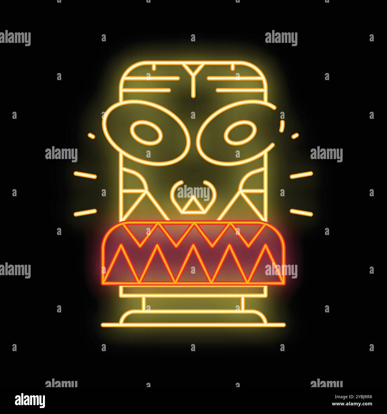 Insegna gialla al neon che raffigura una maschera tiki con fascia rossa e arancione su sfondo nero Illustrazione Vettoriale