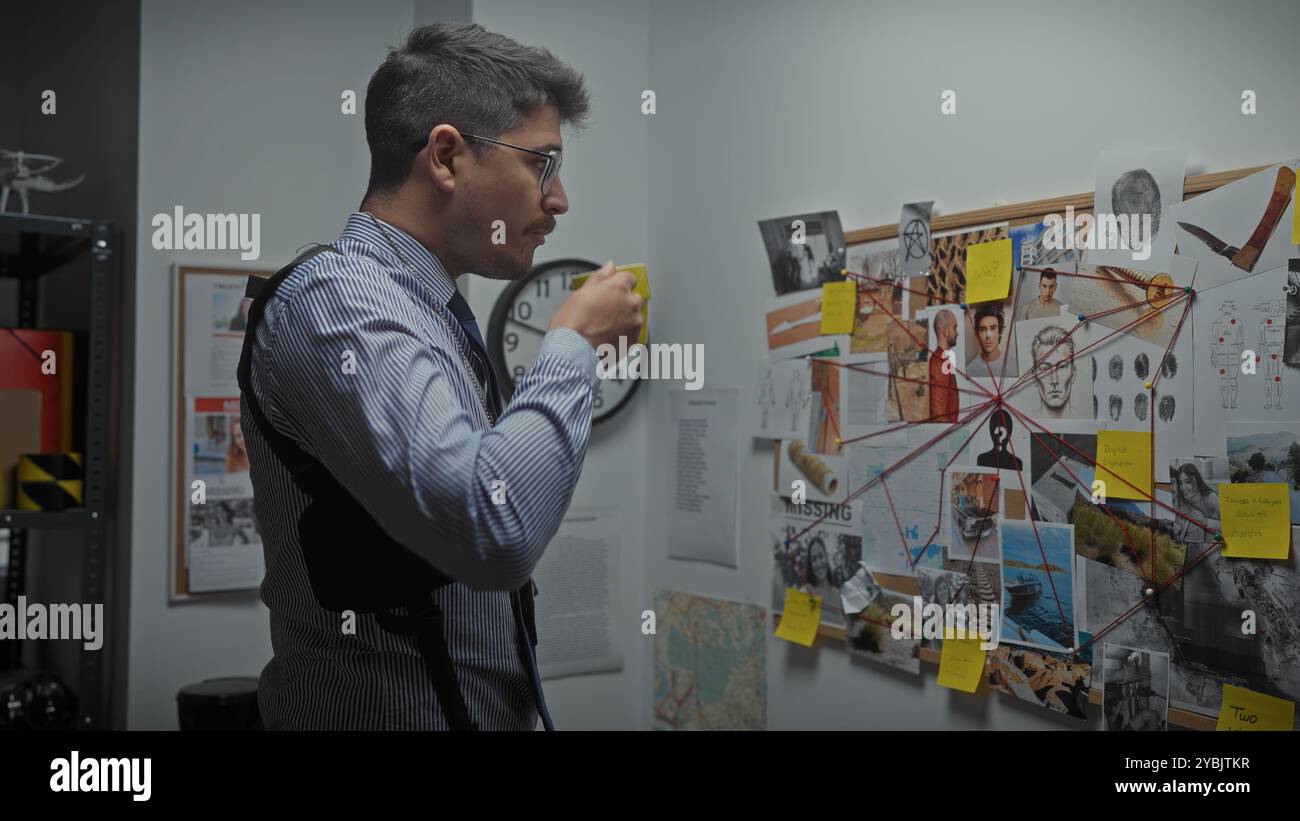 Un uomo contemplativo analizza le prove su un bordo di sughero mentre tiene una tazza in un ufficio investigativo poco illuminato. Foto Stock