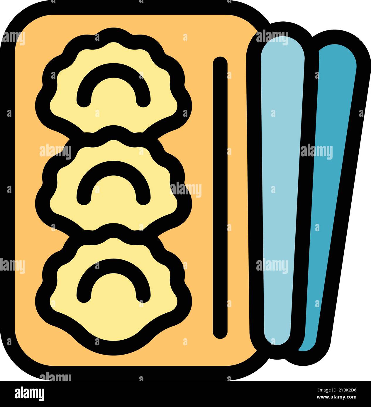 Icona colorata di una scatola piena di gnocchi deliziosi, pronti per essere gustati con bacchette, che rappresentano il cibo cinese Illustrazione Vettoriale