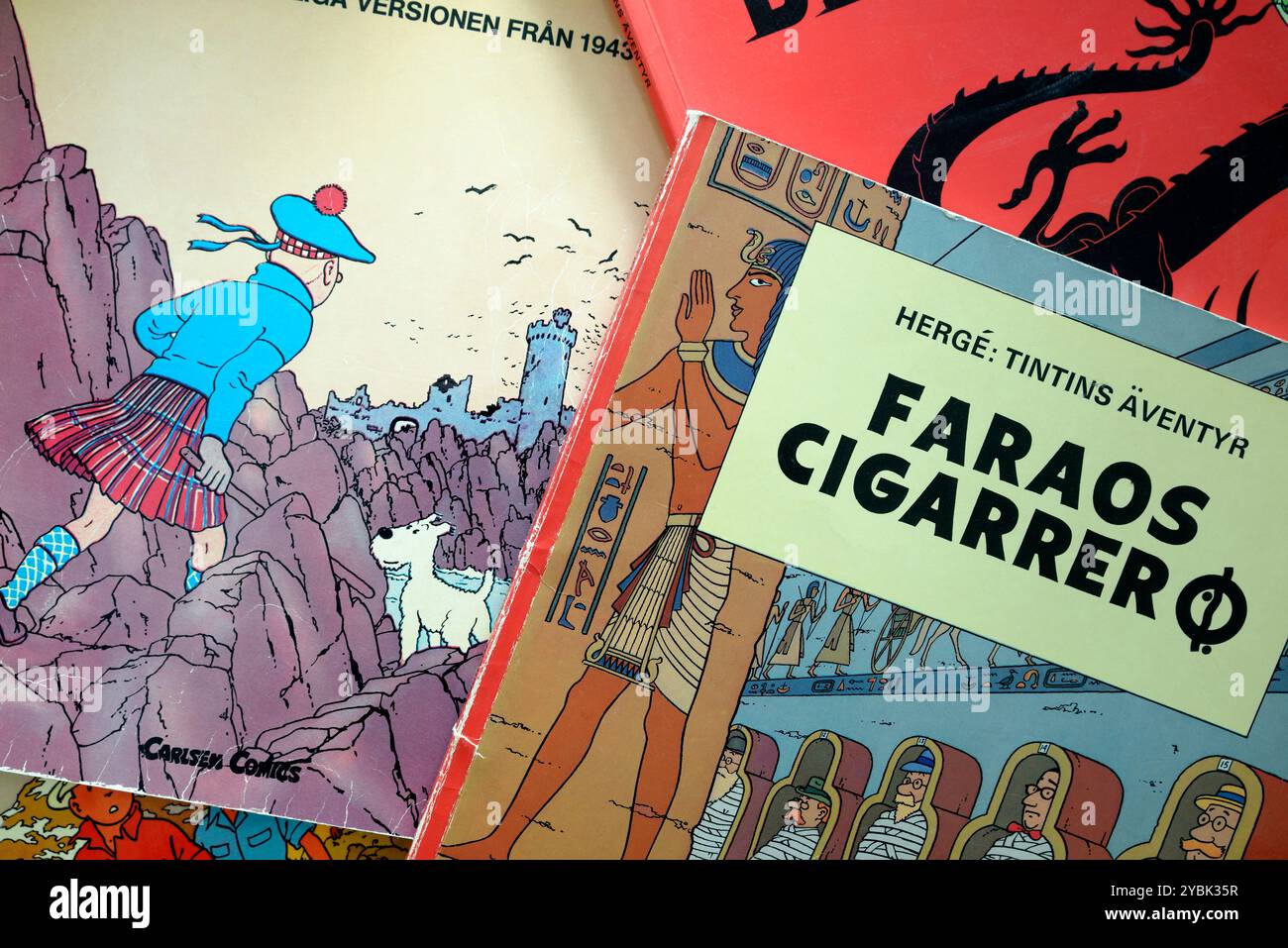 Stoccolma, Svezia 14 ottobre 2024. Una pila di fumetti di Tintin Foto Stock