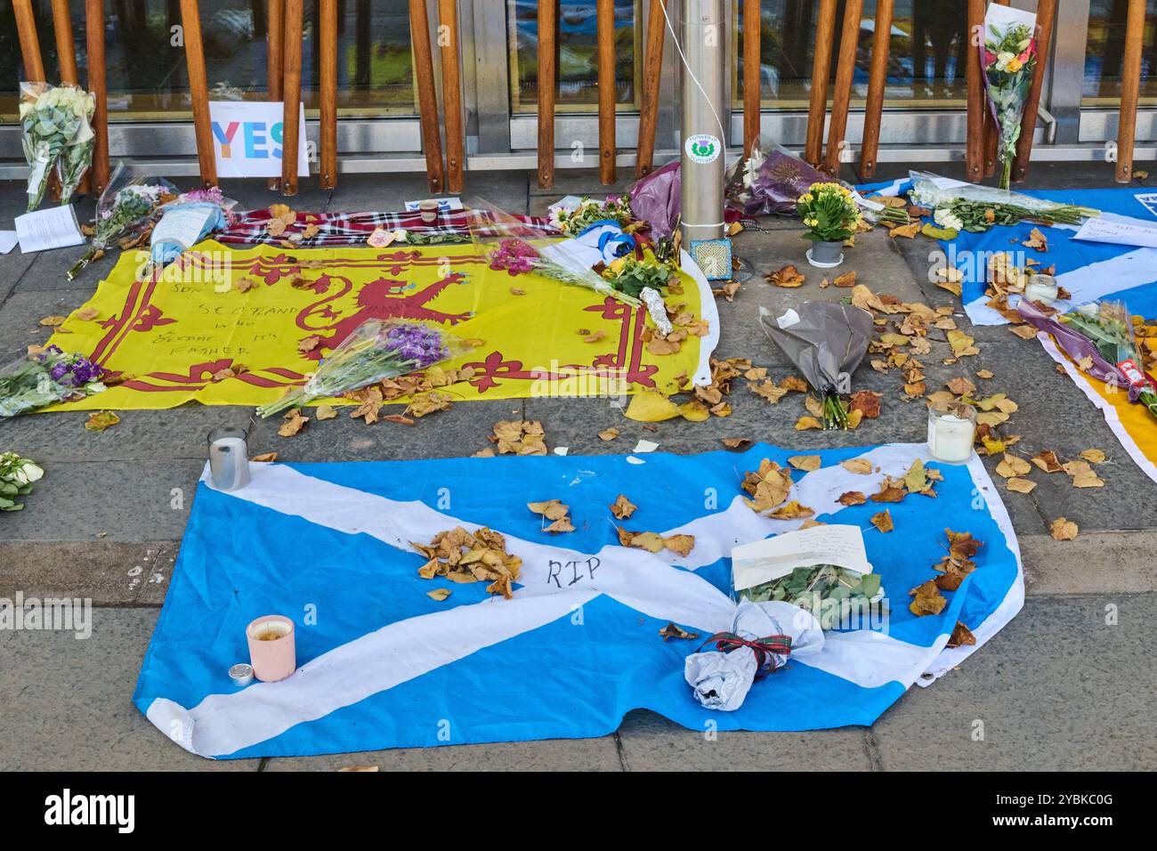 Edimburgo Scozia, Regno Unito 19 ottobre 2024. Tributi lasciati fuori dal Parlamento scozzese dopo la morte dell'ex primo ministro Alex Salmond, accreditano notizie sst/alamy in diretta Foto Stock