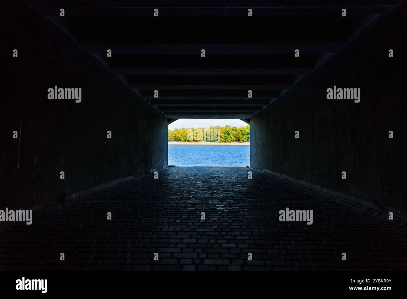 Il tunnel scuro conduce ad una vista luminosa del fiume con vegetazione sullo sfondo, creando un bel contrasto di luce e ombra. Foto Stock