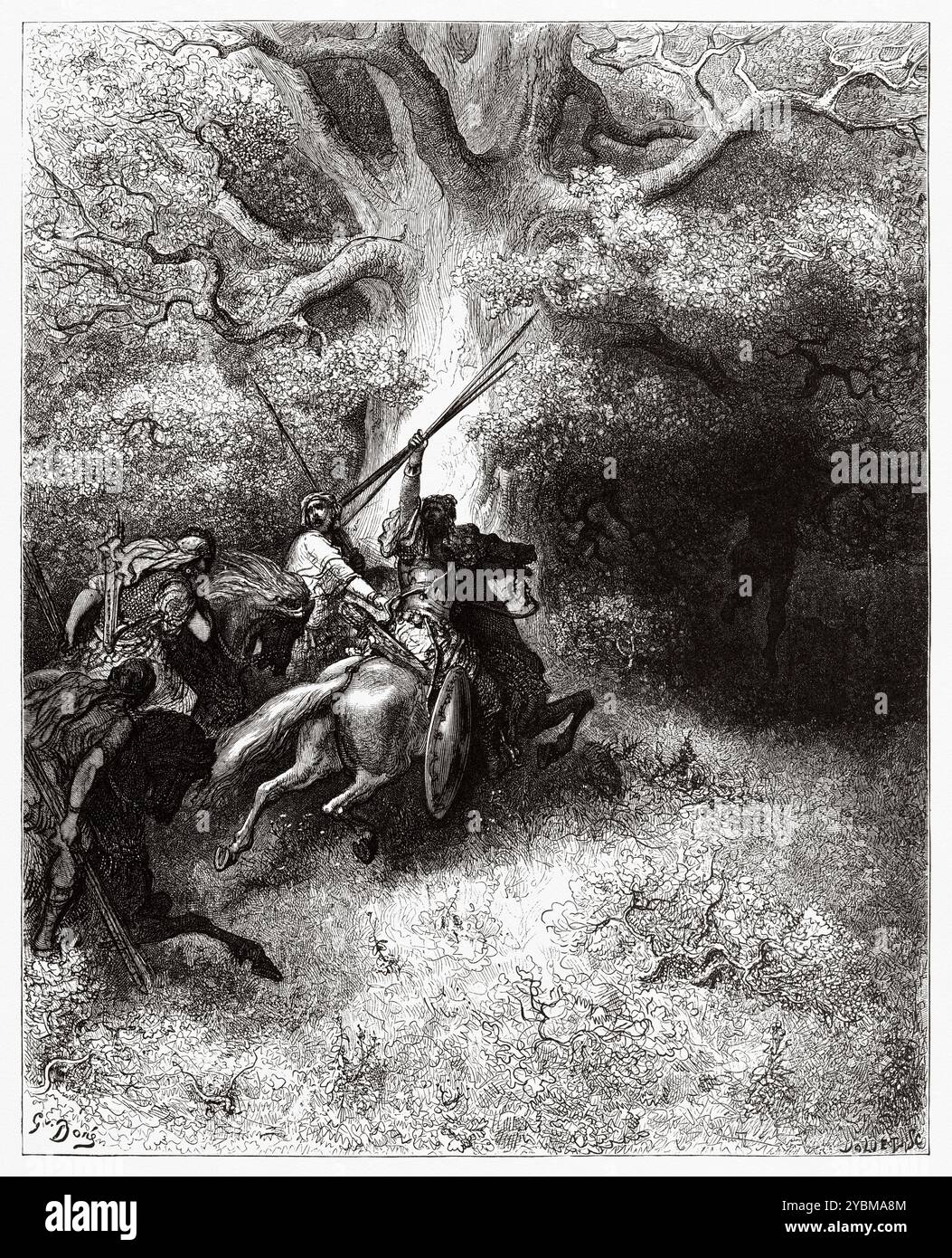 La morte di Assalonne. Assalonne si ribella contro suo padre e fu ucciso durante la battaglia della Foresta di Ephraim. Vecchio Testamento. Illustrazione della bibbia antica di Gustave Dore (1832–1883) Foto Stock