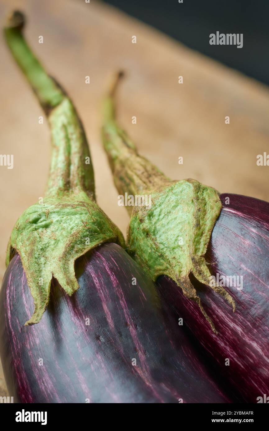 primo piano di melanzane fresche o melanzane su un tavolo in legno, pelle lucida viola scuro con messa a fuoco morbida brinjal a righe con sfondo sfocato Foto Stock