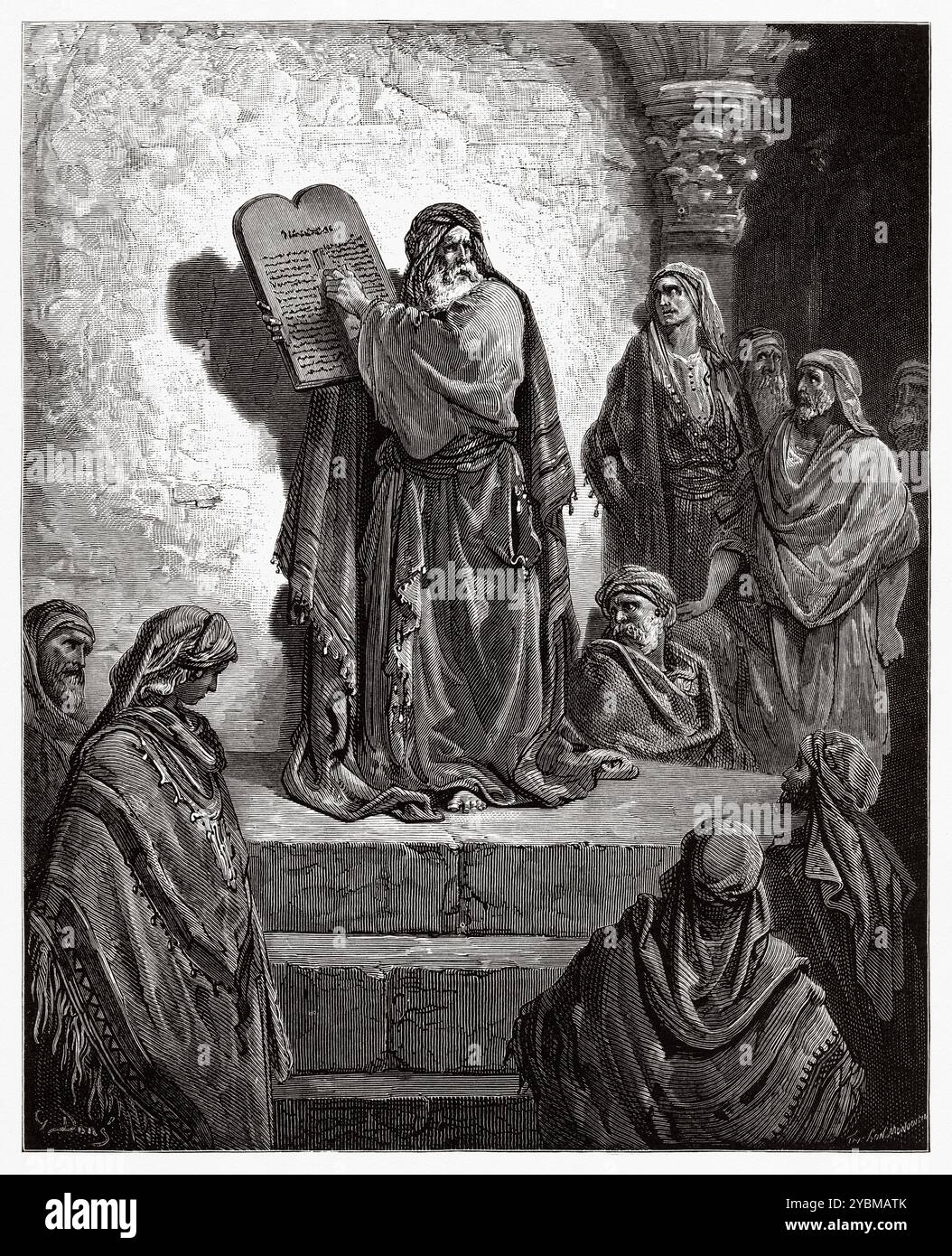 Ezra lo Scribe mostra i dieci comandamenti sulle tavolette al popolo. Vecchio Testamento. Illustrazione della bibbia antica di Gustave Dore (1832–1883) Foto Stock