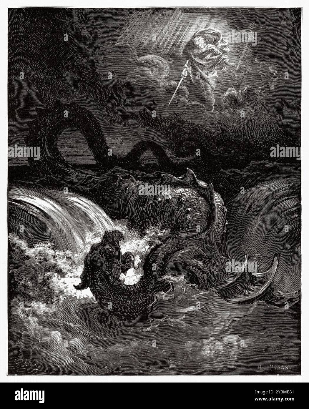 Dio distrugge il Leviatano, visione di Isaia. Vecchio Testamento. Illustrazione della bibbia antica di Gustave Dore (1832–1883) Foto Stock