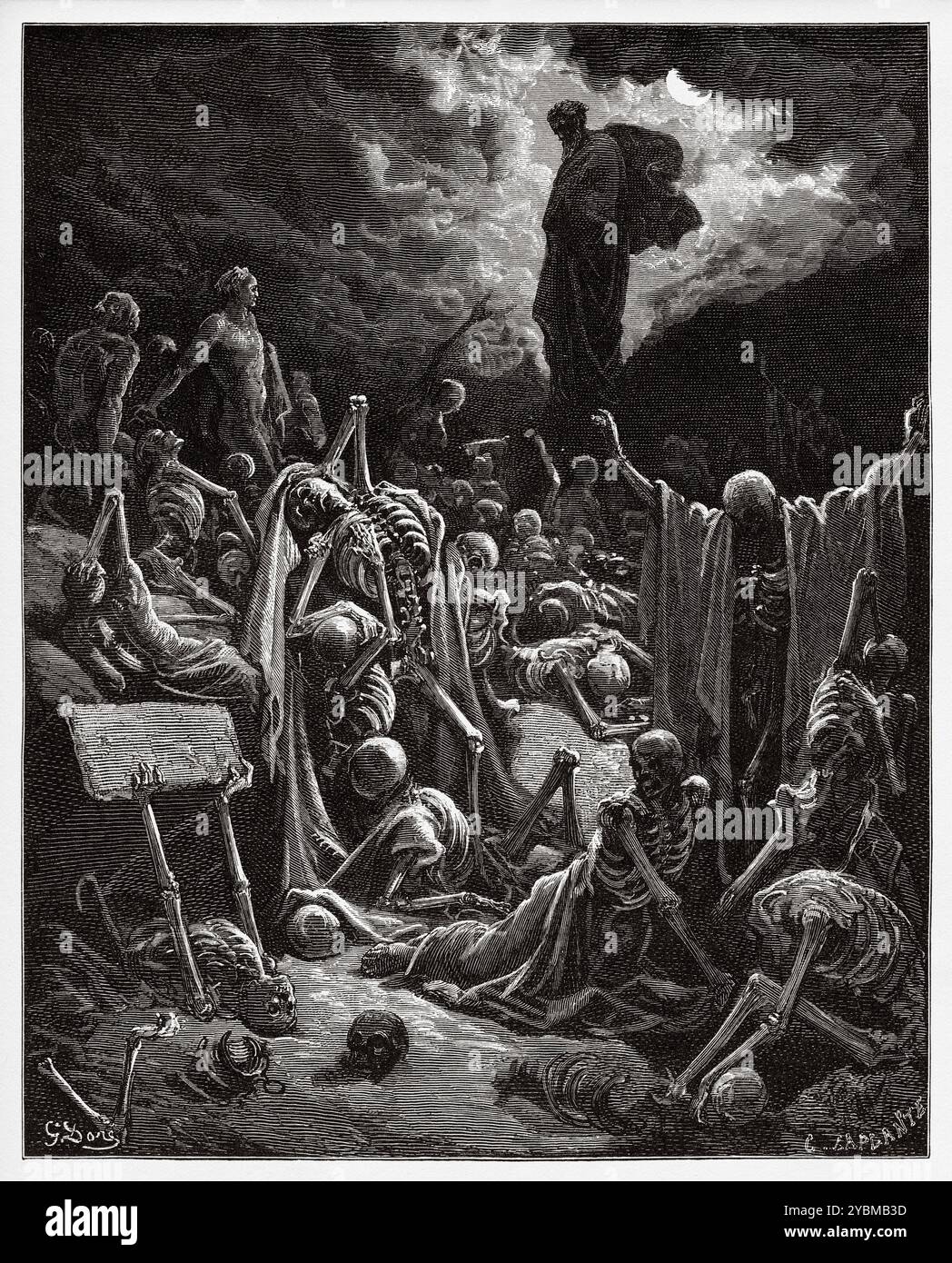 La visione della Valle delle ossa secche (Ezechiele 37:1-2) Antico Testamento. Illustrazione della bibbia antica di Gustave Dore (1832–1883) Foto Stock