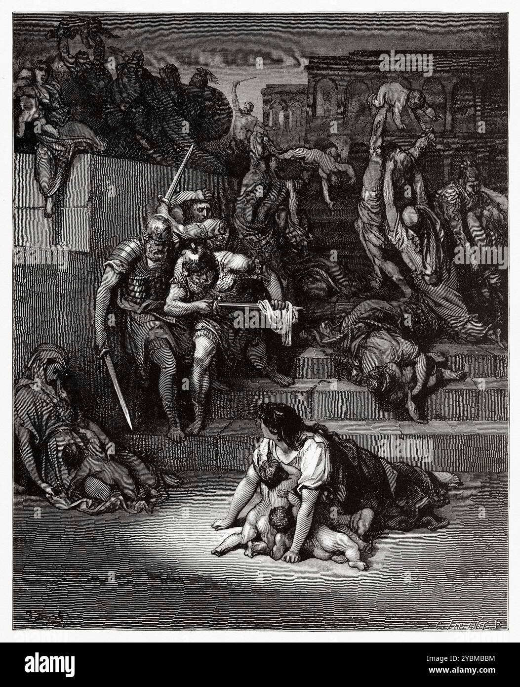Re Erode ordina il massacro degli innocenti (Matteo 2:16) nuovo Testamento. Illustrazione della bibbia antica di Gustave Dore (1832–1883) Foto Stock