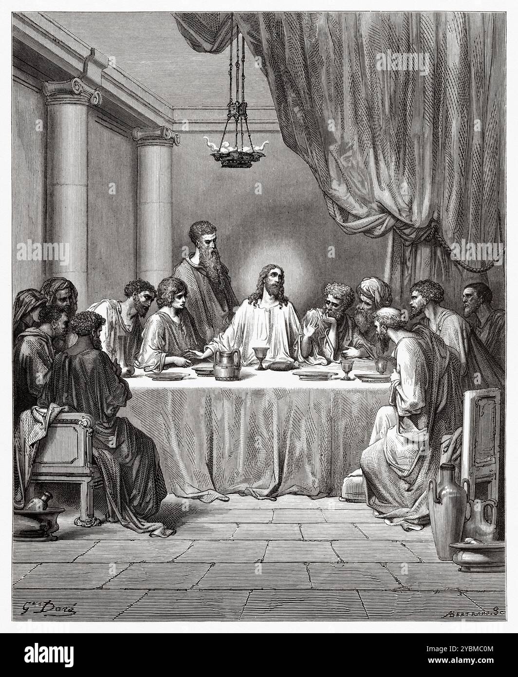 L'ultima cena. Gesù e i discepoli all'ultima cena (Matteo 26,20) nuovo Testamento. Illustrazione della bibbia antica di Gustave Dore (1832–1883) Foto Stock