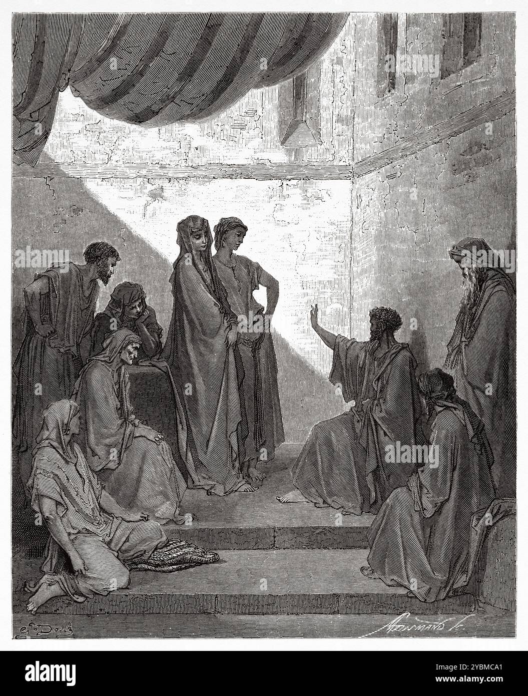 San Pietro predicava a casa di Cornelio, un centurione romano considerato dai cristiani uno dei primi gentili a convertirsi alla fede. Nuovo Testamento. Illustrazione della bibbia antica di Gustave Dore (1832–1883) Foto Stock