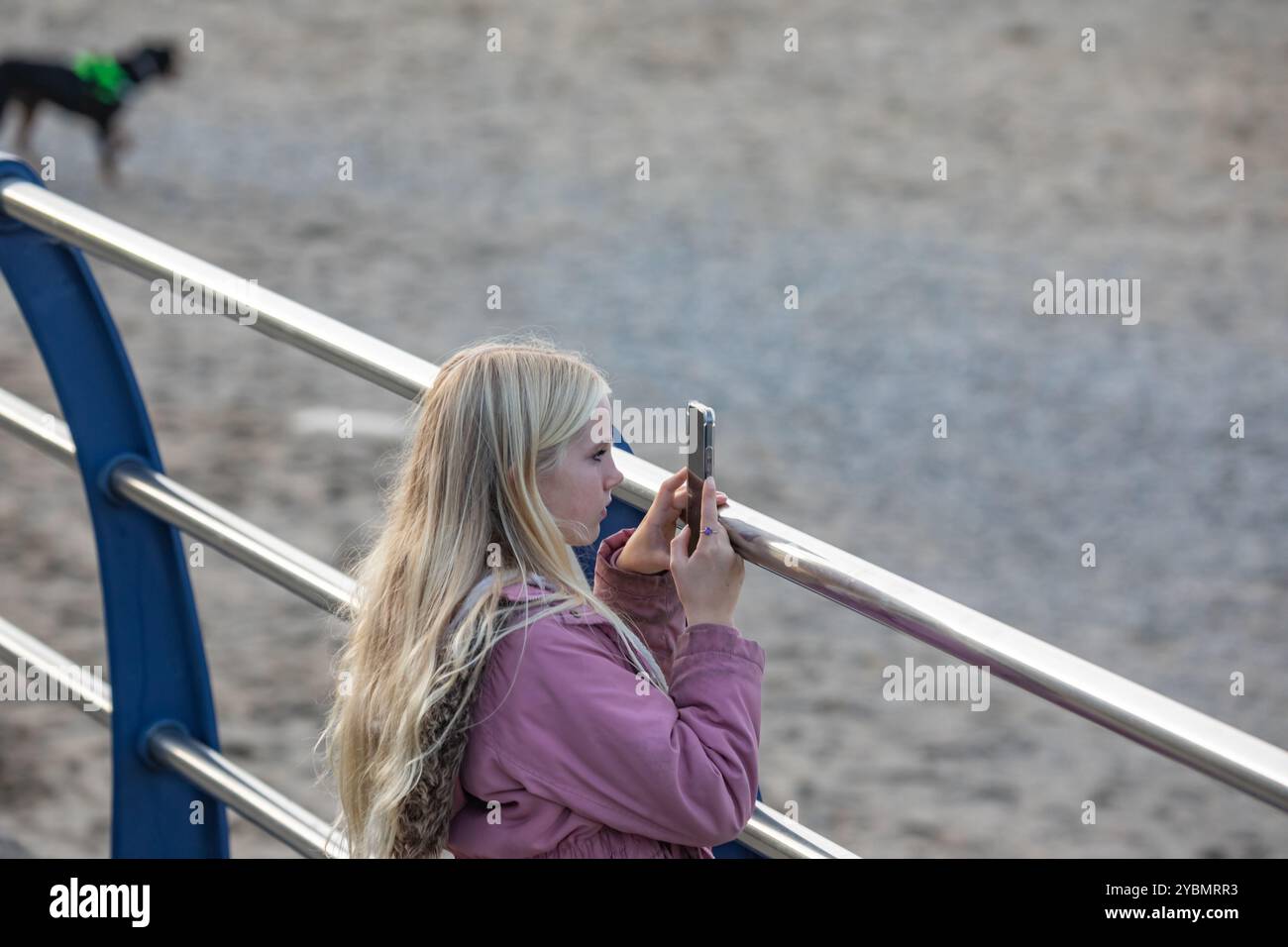 Portreath, Cornovaglia, 19 ottobre 2024, la gente era fuori per una passeggiata serale sulla spiaggia di Portreath, Cornovaglia. Il cielo era azzurro, con un sole splendente e il 13° C, che ha fatto un bel cambiamento dopo tutte le recenti precipitazioni. Il mare era agitato dopo i venti recenti e davanti alla tempesta Ashley. Crediti: Keith Larby/Alamy Live News Foto Stock