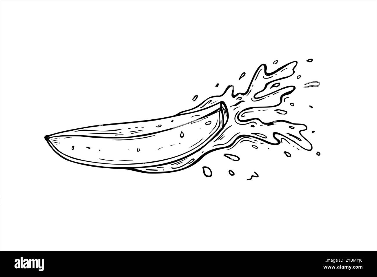 Fetta di frutta matura con spruzzi di succo illustrazione isolata vettoriale dipinta con inchiostri neri. Pezzo di mango in gocce d'acqua schizzo disegnato a mano. Illustrazione Vettoriale