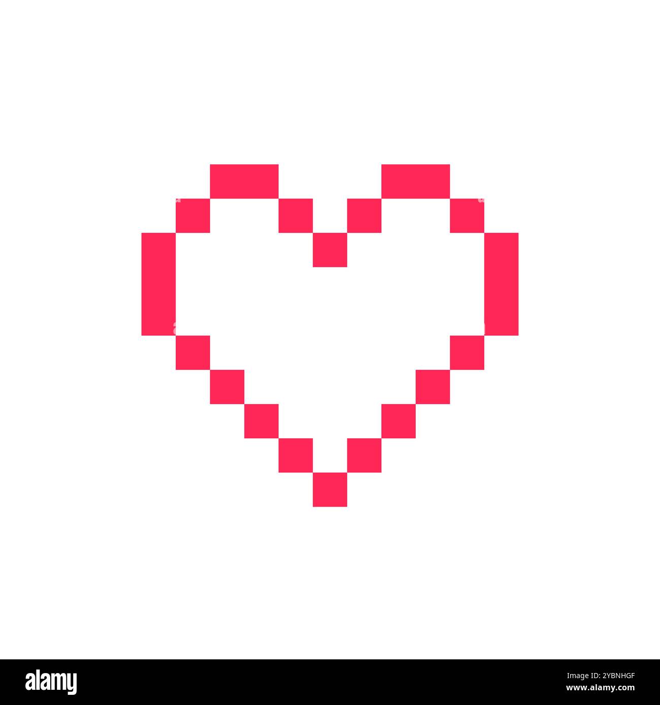 Valentine ha pixelato l'icona del cuore rosso. Isolato su sfondo bianco. Illustrazione Vettoriale