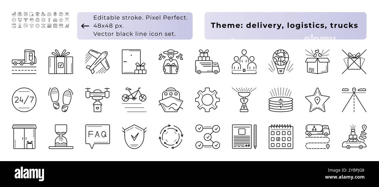 Tema: Consegna, logistica, camion, carico. Set di icone della linea nera vettoriale. 30 segni - 48x48 px (traccia modificabile, pixel perfect) e icone 300x300 px (no Illustrazione Vettoriale