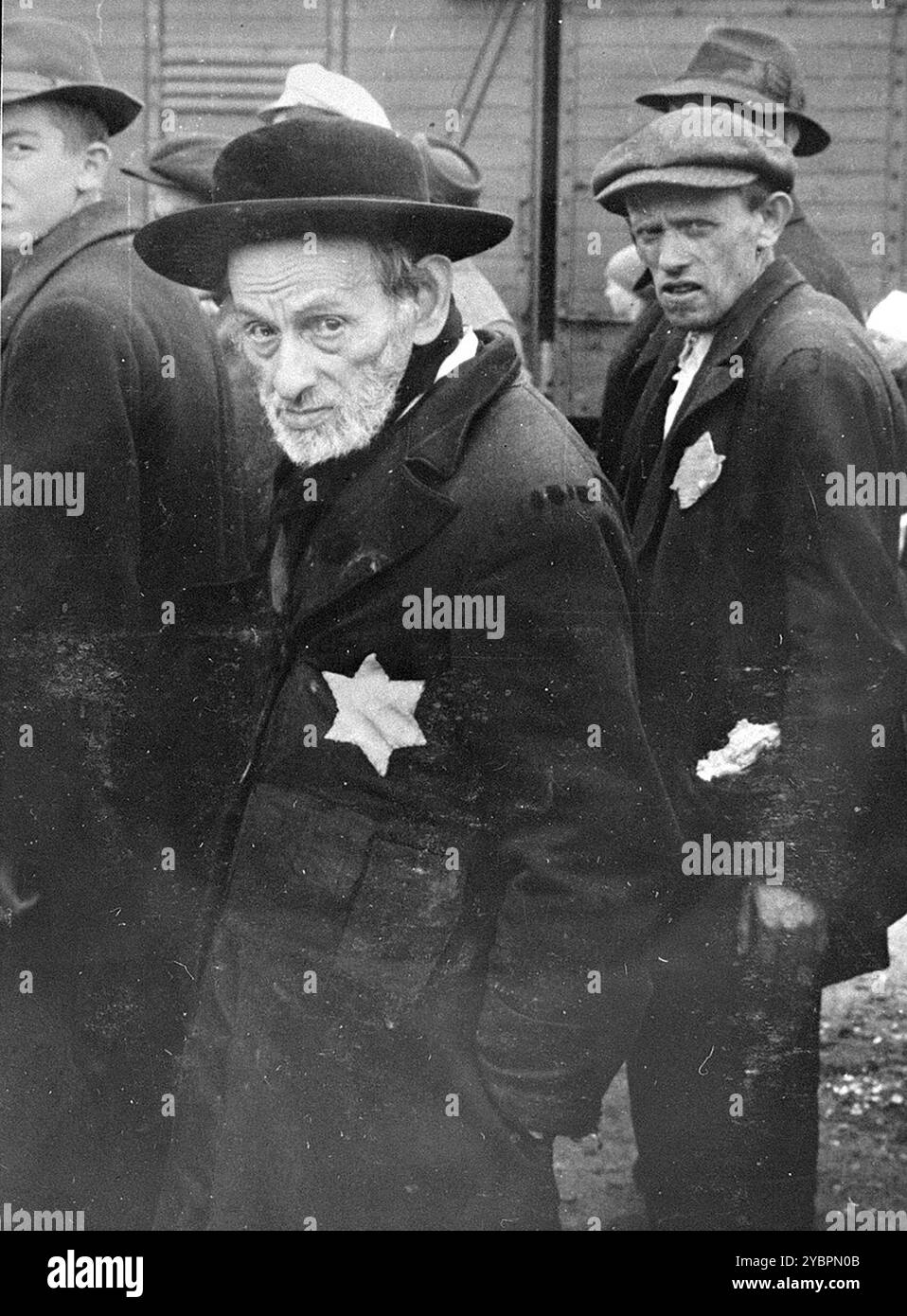 Uomini ebrei dall'Ungheria attendono la selezione sulla rampa di Auschwitz-Birkenau. Gli ebrei in Ungheria erano abbastanza al sicuro fino a quando Hitler, temendo che l'Ungheria stesse cercando un accordo con gli alleati, ordinò l'invasione del paese nel marzo 1944. Tra il 15 maggio e il 9 luglio 1944, oltre 434.000 ebrei furono deportati su 147 treni, la maggior parte dei quali ad Auschwitz, dove circa il 80% fu gassato all'arrivo. I rapidi progressi delle deportazioni sono stati resi possibili da una stretta cooperazione tra le autorità ungheresi e tedesche. Foto Stock