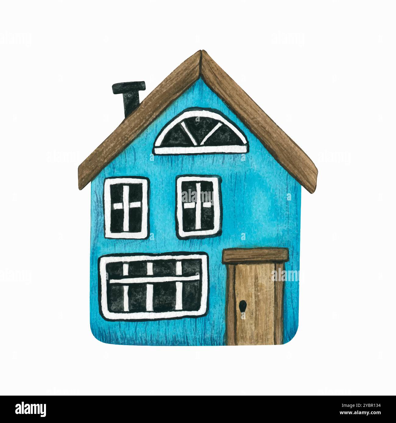 Piccola casa blu cartoni animati isolata su sfondo bianco. Acquerello illustrazione stilizzata per bambini disegnata a mano. Piccolo e accogliente cottage in legno in SC Illustrazione Vettoriale