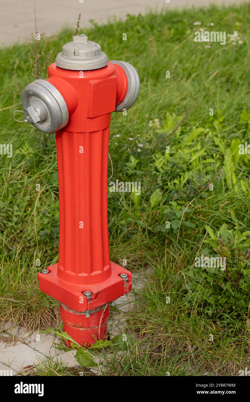 Idrante rosso acceso in erba verde vicino a un marciapiede in una giornata di sole Foto Stock