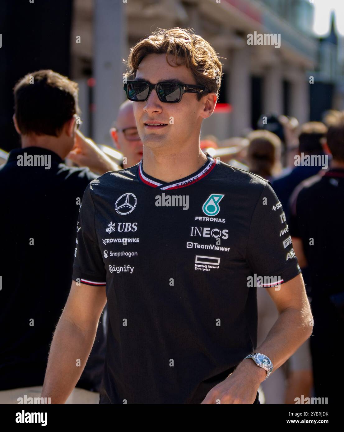 Austin, Texas - 19 ottobre 2024: George Russell, pilota della Mercedes AMG Petronas F1 #63, gareggia nel Gran Premio degli Stati Uniti di Formula 1 Pirelli sul circuito delle Americhe di Austin, Texas. Crediti: Nick Paruch / Alamy Live News Foto Stock