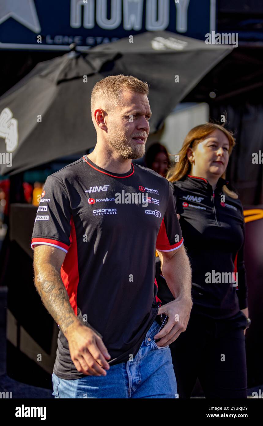 Austin, Texas - 19 ottobre 2024: Kevin Magnussen, pilota della monoposto MoneyGram Haas n. 20, gareggia nel Gran Premio degli Stati Uniti di Formula 1 Pirelli sul circuito delle Americhe di Austin, Texas. Crediti: Nick Paruch / Alamy Live News Foto Stock