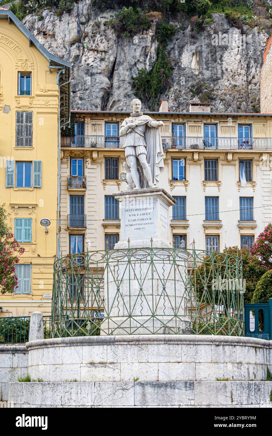 Statua di Carlo felice di Sardegna membro della Casa Savoia lungo Quai Lunel, Nizza, Provence-Alpes-Côte d'Azur, Alpes-Maritimes, Francia Foto Stock