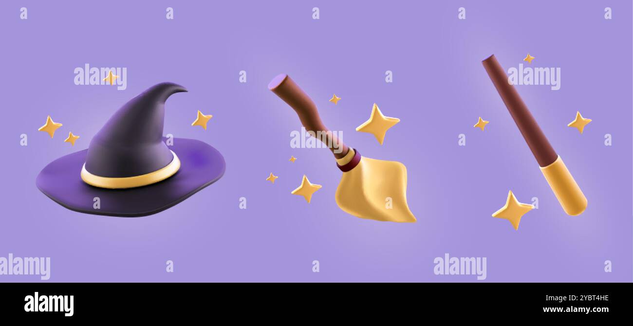 Icone di gioco Magic Wizard: Serie di immagini vettoriali 3d realistiche con strumenti ed elementi maghi. Cappello da strega con punta scura, scopa e bacchetta misteriosa Illustrazione Vettoriale