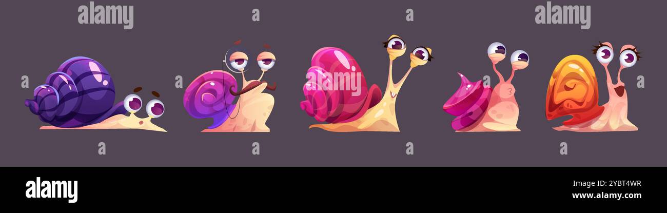 Simpatici personaggi lumaca ambientati in background. Illustrazione vettoriale di emoji slug stanchi, con baffi, sorrisi pazzi, fischietti, ragazza con Illustrazione Vettoriale