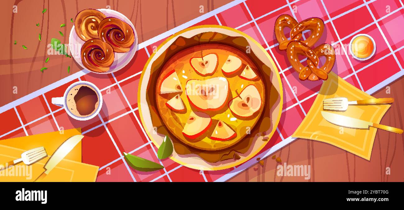 Torta di mele sul tavolo della cucina, vista vettoriale dei cartoni animati. Torta dolce del giorno del Ringraziamento. Cena autunnale al ristorante. Pasticceria natalizia su tradit Illustrazione Vettoriale