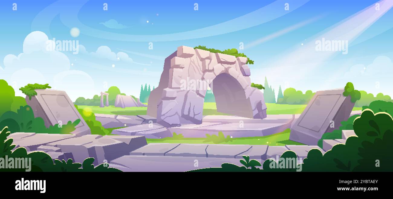 Paesaggio estivo con antiche rovine di edifici greci. Colonne di mattoni, monumento e cancello d'ingresso dell'antica città romana, ricoperte di alberi e alberi. L'ho distrutta Illustrazione Vettoriale