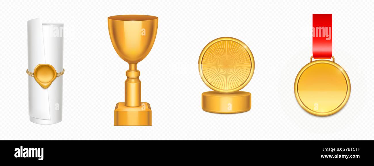 Premi Gold e Achievement. set vettoriale 3d realistico di trofeo d'oro e premio di successo: diploma o certificato con timbro, coppa campione Illustrazione Vettoriale