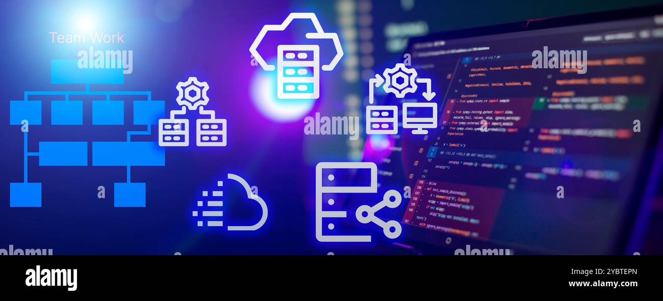 Concetto di tecnologia di cloud computing. Protezione di dati e server in remoto. Connessione di rete. Progetto di startup innovativo. Foto Stock