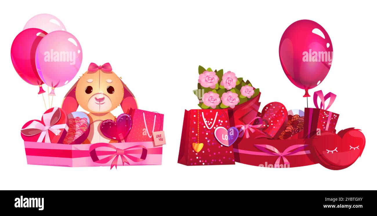 Regali romantici isolati su sfondo bianco. Illustrazione vettoriale di coniglietto giocattolo, palloncini e fiori rosa, dolci al cioccolato confezionati nel cuore Illustrazione Vettoriale