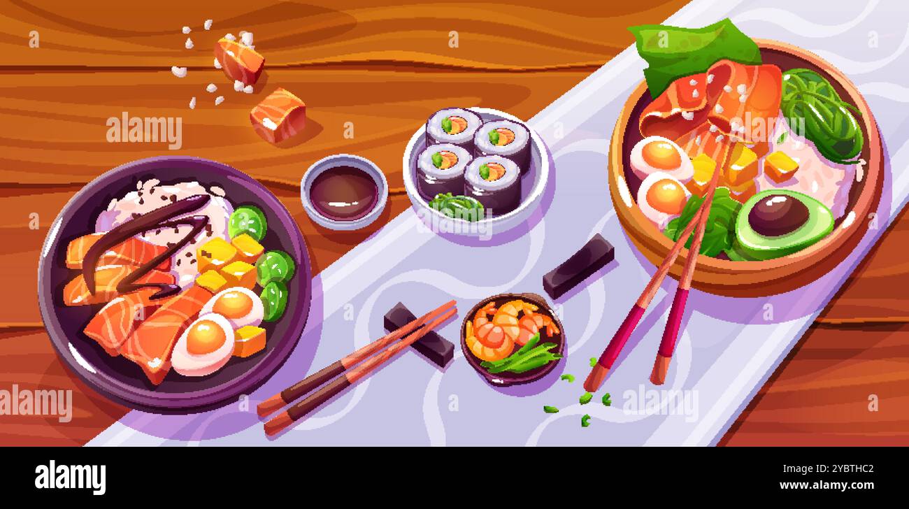 Ciotola per tonno. Piatto di avocado, riso e salmone. Gamberi, verdure, ingredienti crudi in sushi, vista dall'alto su un tavolo di legno nel ristorante. Ha servito hea Illustrazione Vettoriale