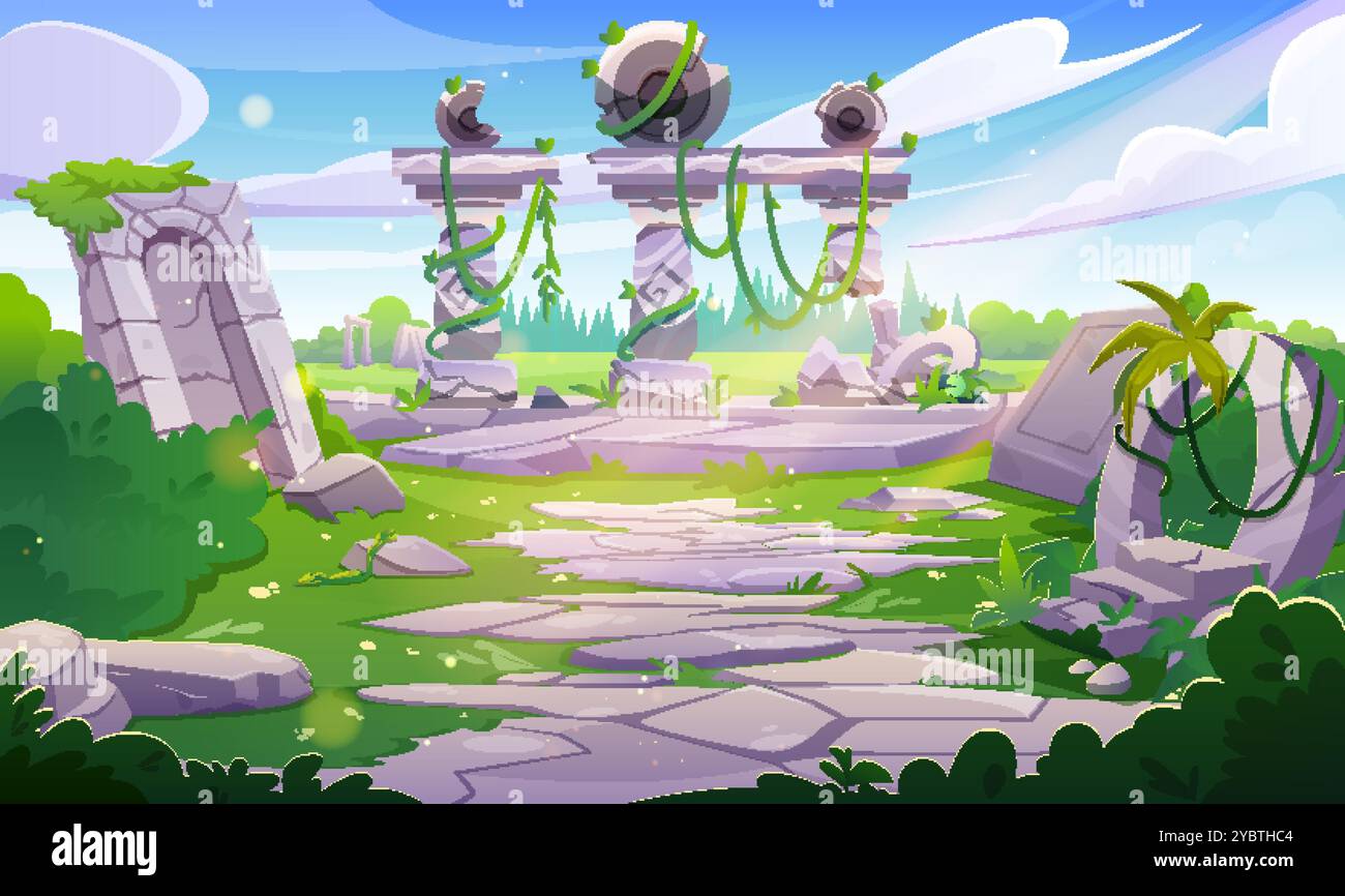 Antico palazzo o rovine di templi nella giungla. Il vettore dei cartoni animati ha distrutto la vecchia architettura dell'edificio con colonne rotte, pareti porte ad arco con viti verdi e Illustrazione Vettoriale