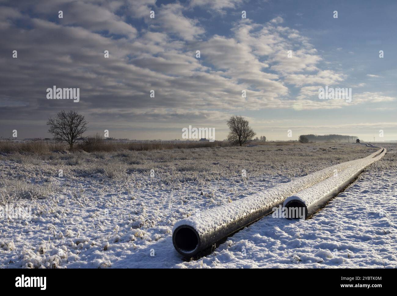 Gasdotto innevato in un paesaggio ventoso vicino a Wijckel, nella provincia olandese della Frisia Foto Stock