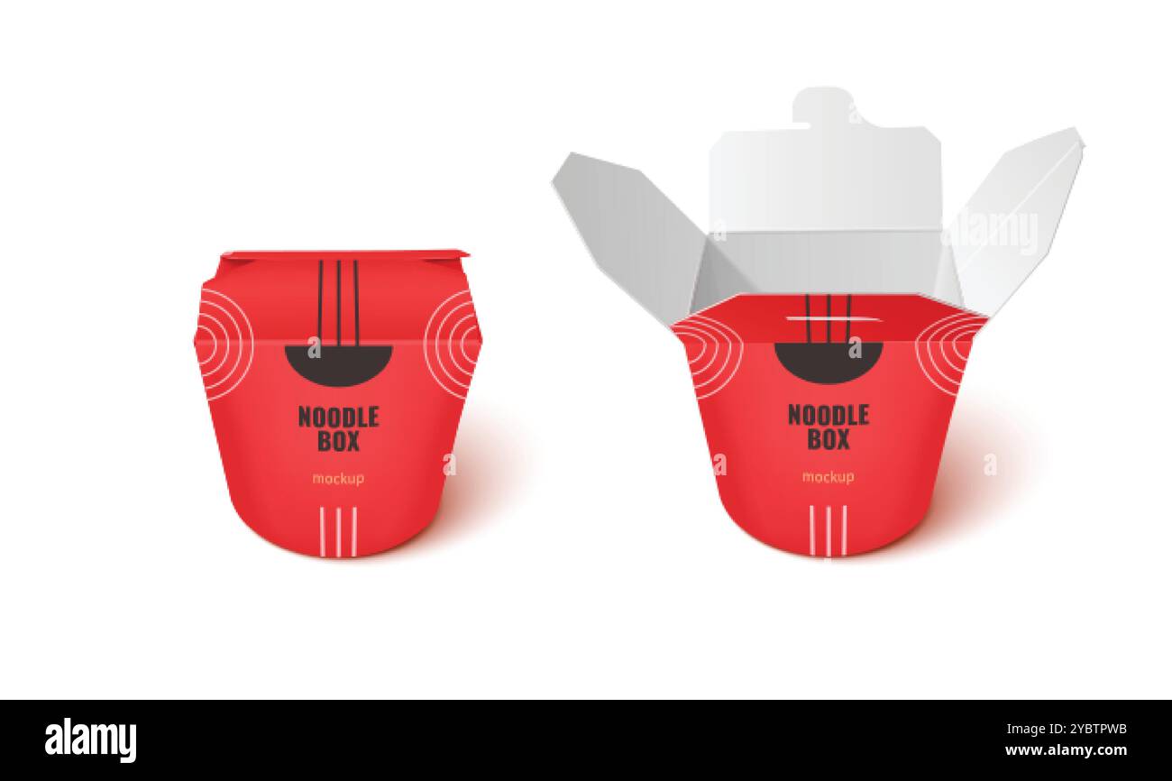 Pacchetto di cibo rosso cinese da asporto. Mockup scatola di noodle. Modello di carta da asporto per la consegna di wok dal ristorante. Aprire la confezione del sacchetto per la pasta. Realistica c Illustrazione Vettoriale
