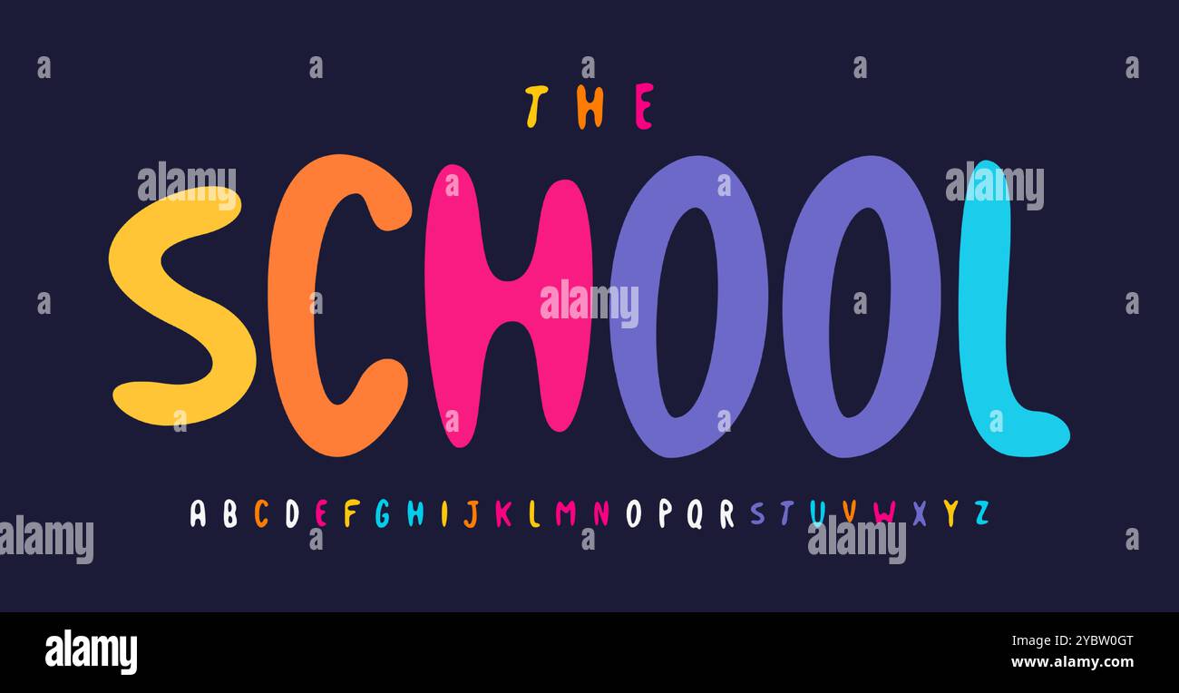 Carattere colorato e divertente, lettere arrotondate, alfabeto moderno gioioso, tipografia liscia simile a quella di una plasticina per il logo dei bambini, titolo scolastico brillante Illustrazione Vettoriale