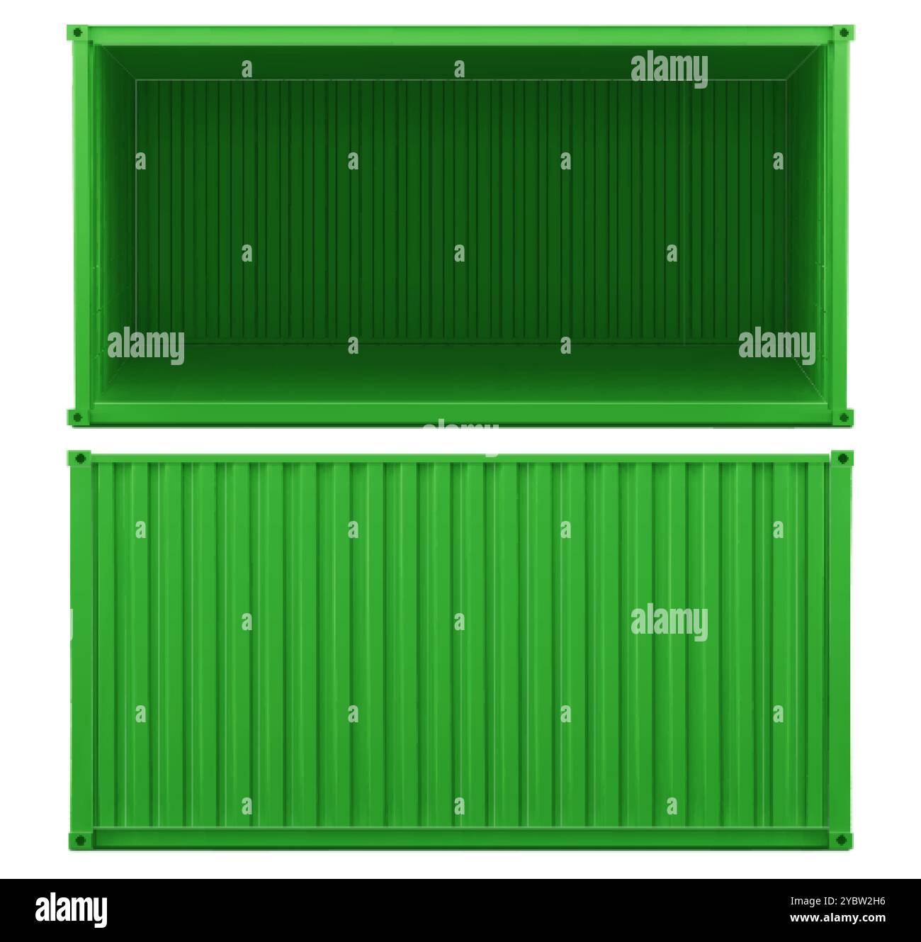 Container verde per il carico della nave. Aprire il lato del vano portaoggetti. Esporta cassa magazzino per la consegna. grande camion in metallo 3d per la spedizione dal molo. Grande tr. Industriale Illustrazione Vettoriale