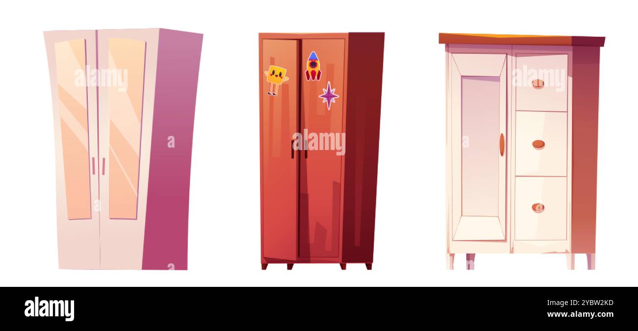 Armadi isolati su sfondo bianco. Illustrazione vettoriale di una collezione di mobili per la casa, armadietto in legno con specchio, adesivi sulla porta AN Illustrazione Vettoriale