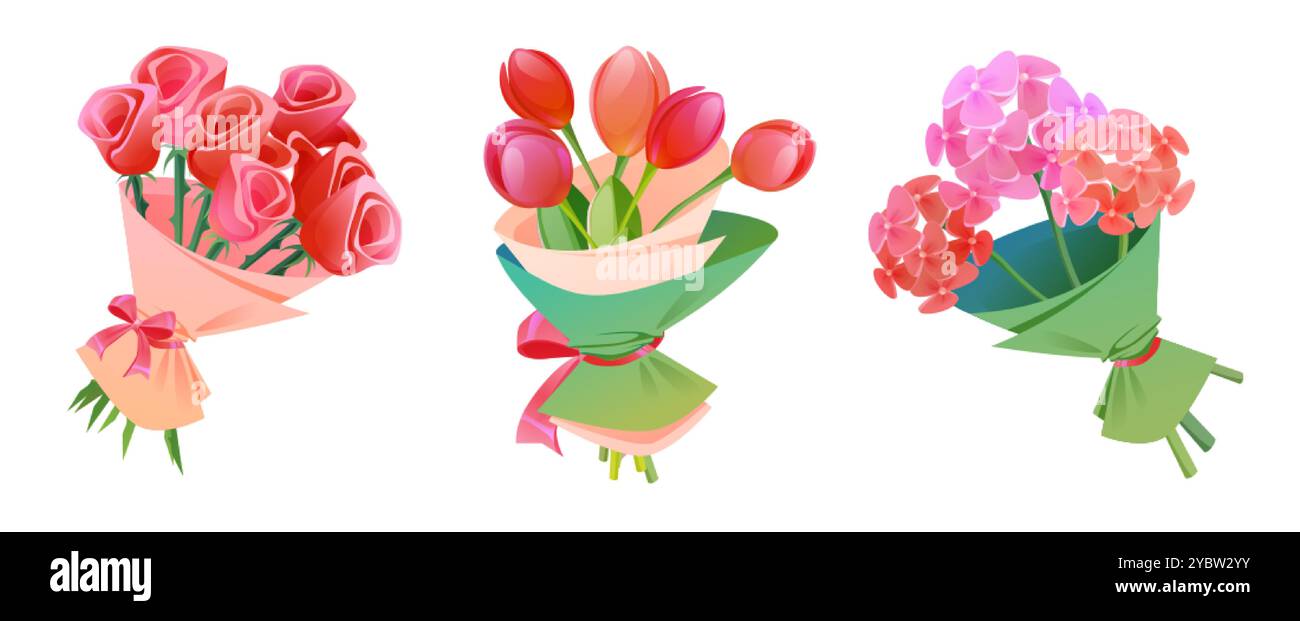 Mazzo di fiori di tulipano, cartoni animati con bouquet floreale. Graziosa rosa primaverile e ortensie in fiore per san valentino in giardino. Bocciolo decorativo botanico fresco c Illustrazione Vettoriale