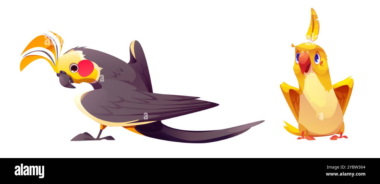 Simpatico pappagallo cartoni animati con piume colorate. Serie di illustrazioni vettoriali di mascotte di uccelli tropicali. Esotica giungla in piedi giallo e grigio uccellino con becco Illustrazione Vettoriale